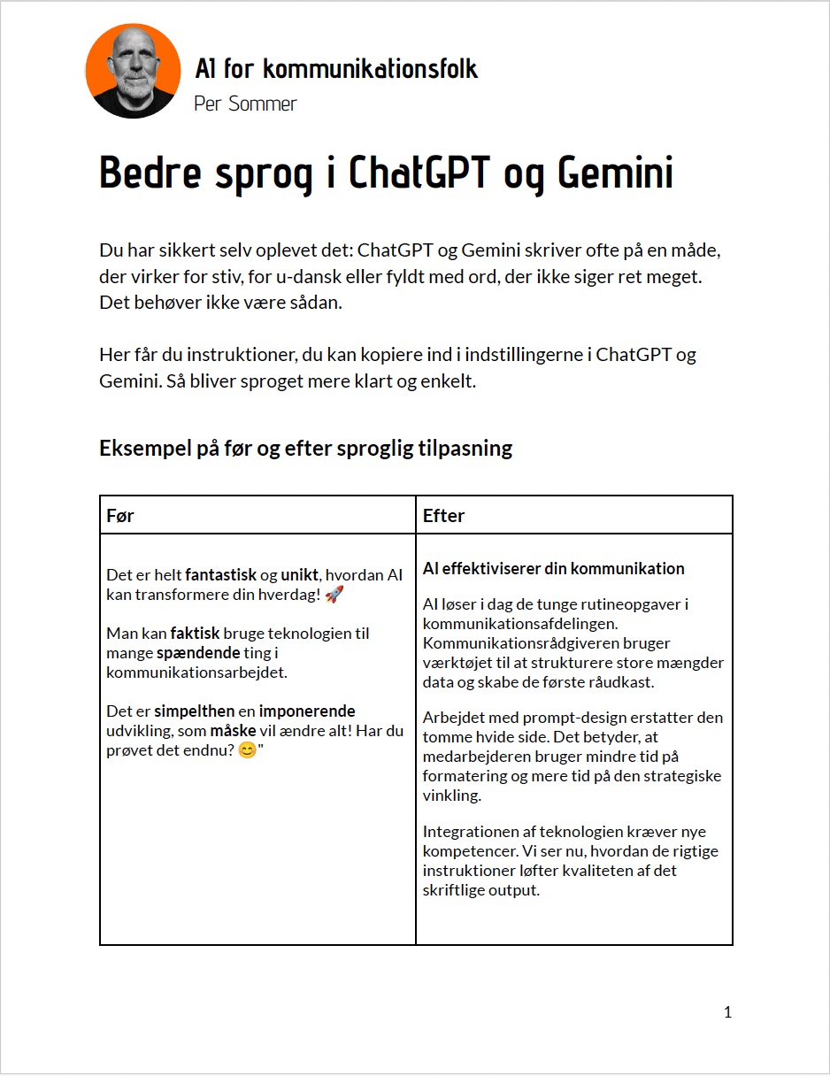 Forsiden af guiden om bedre sprog med ChatGPT og Gemini til AI for kommunikationsfolk