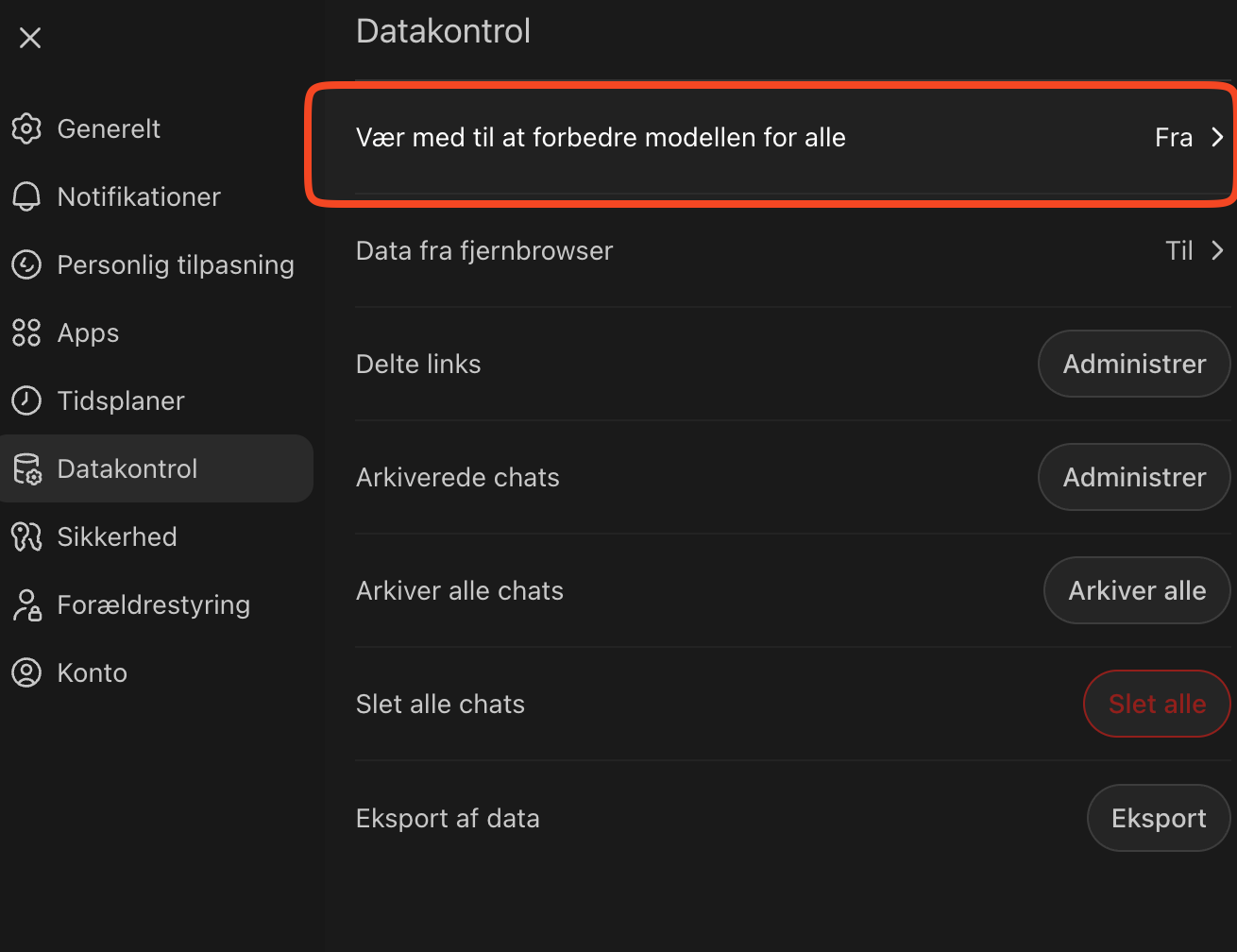 ChatGPT privatliv indstillinger – slå modeltræning fra under Datakontrol