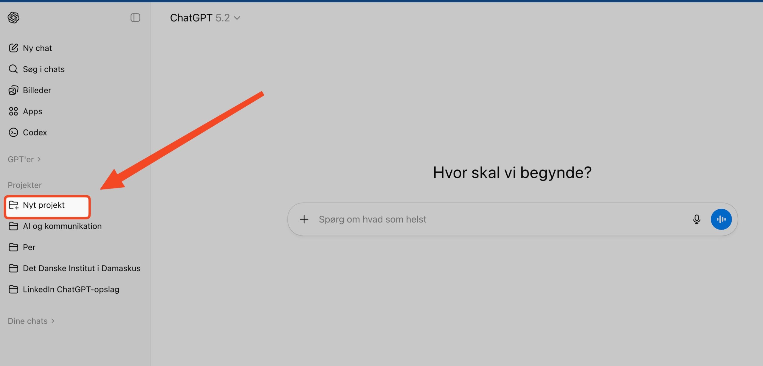 Opret et projekt i ChatGPT fra sidemenuen