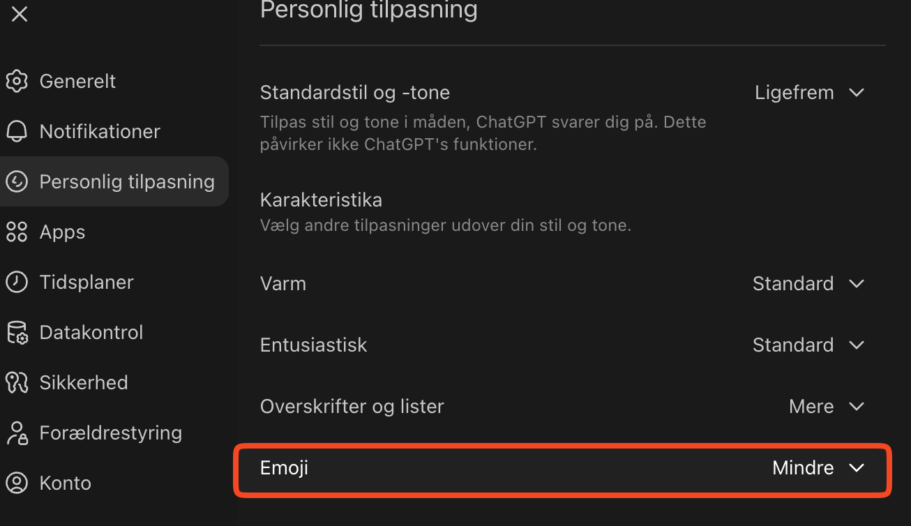 ChatGPT emoji-indstillinger i personaliserings-menuen"