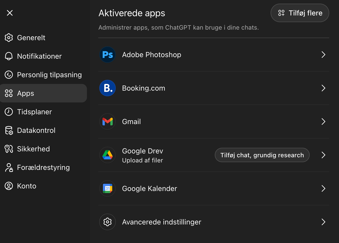 hatGPT privatliv – fjern forbundne apps under Indstillinger