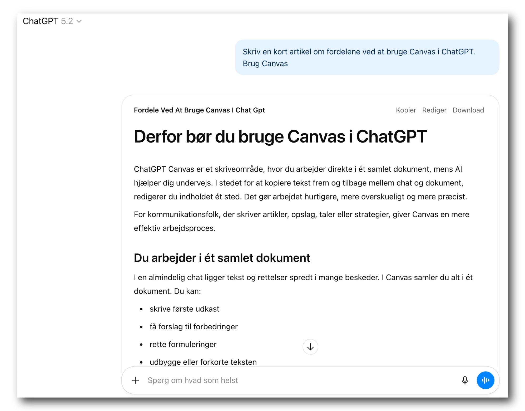 Skærmbillede af ChatGPT Canvas med første udkast 