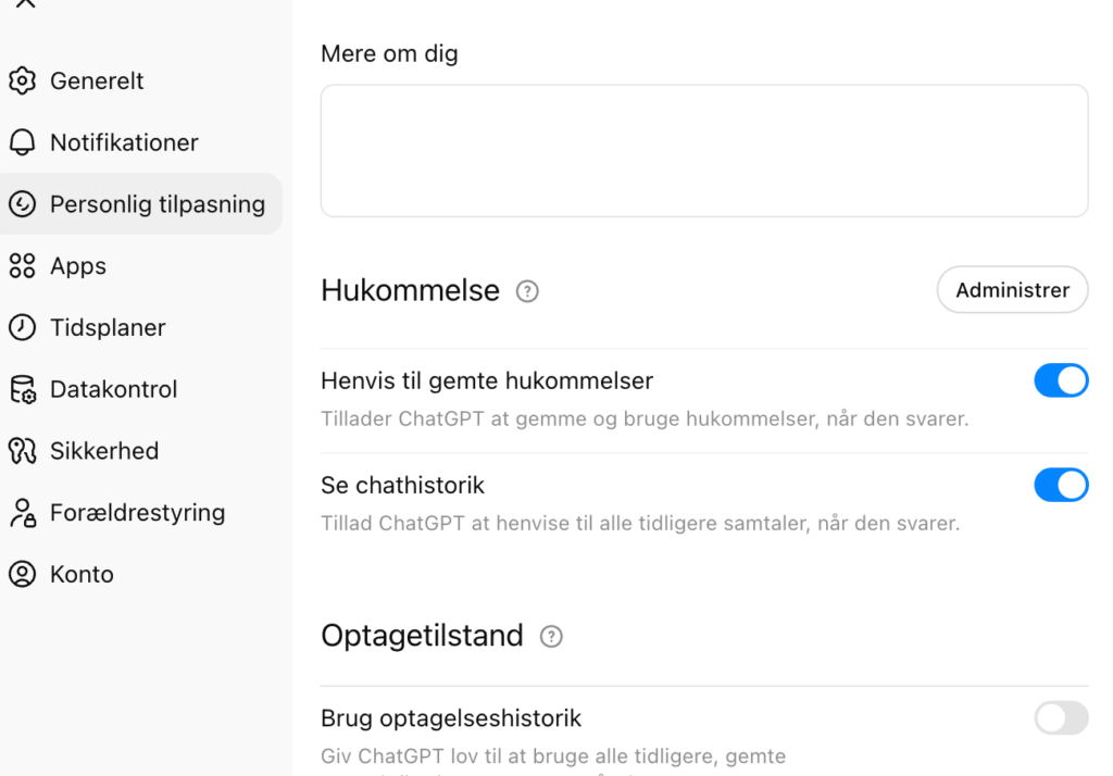 Aktivering af hukommelse og historik i ChatGPT-indstillinger.