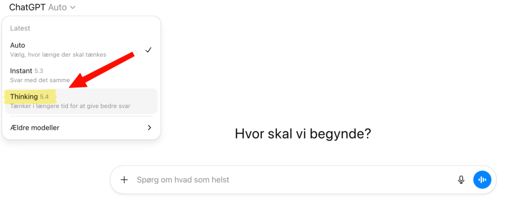 Valg af Thinking-model i ChatGPT til eksport af brugerdata.